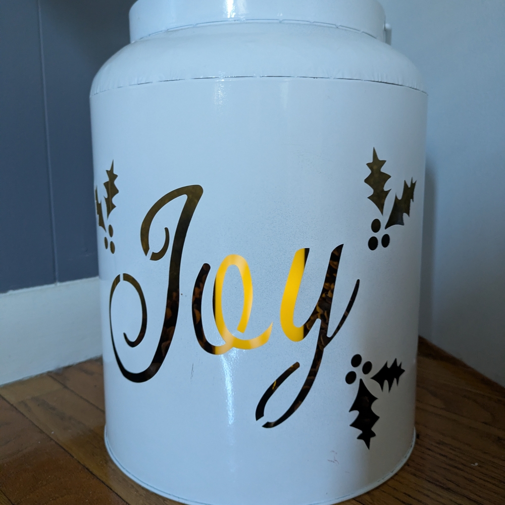 White Holiday Decor Lantern with Joy Cutout Metal Milk Can/ W Led Candle